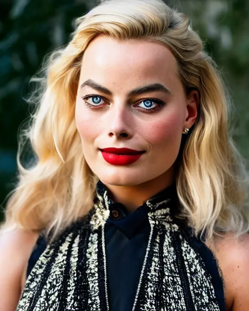 Image similar to A portrait of a margot robbie in a cosplay uniform, piercing eyes, highly detailed, bokeh, professional photograph, full body shot 4K, HD