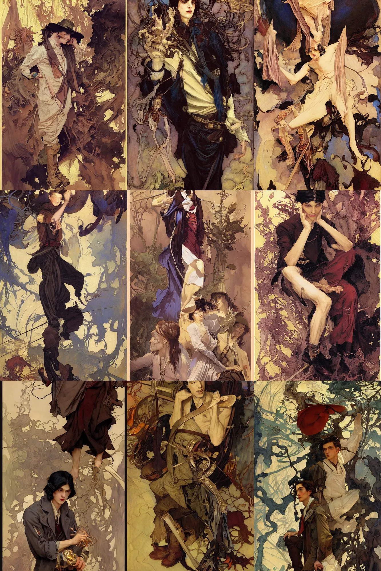 Prompt: thin young male alchemist, long dark hair, 1 9 2 0 s fashion, fantasy, art by joseph leyendecker, peter mohrbacher, ruan jia, finnian macmanus, marc simonetti, donato giancola, dean cornwell, ayami kojima, vasnetsov, cedric peyravernay, alphonse mucha