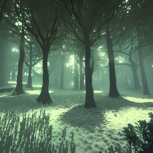 Image similar to enchanted magical mysterious forest, parallax layer from a gorgeous indie platform game, on a white background, intricate, highly detailed, volumetric fog, masterpiece