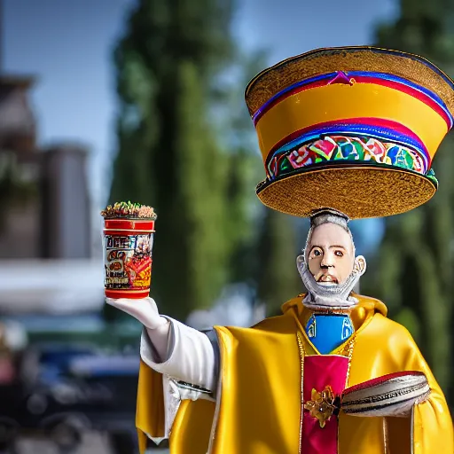 Image similar to pope john paul the 2 nd wearing a sombrero holding a taco, ( sony a 7 r iv, symmetric balance, polarizing filter, photolab, lightroom, 4 k, dolby vision, photography awardm, voque, perfect face )