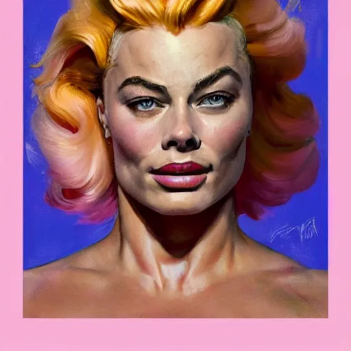 Image similar to greg manchess portrait of margot robbie as thick muscular weightlifter zarya from overwatch with ponytail and curly pink hair, medium shot, asymmetrical, profile picture, organic painting, sunny day, matte painting, bold shapes, hard edges, street art, trending on artstation, by huang guangjian and gil elvgren and sachin teng