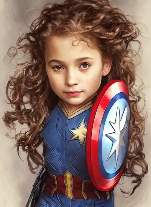 Image similar to a little girl with a mischievous face and light brown curly wavy hair. she is dressed as captain america, batman, the flash, captain marvel, wonder woman, a superhero. clean elegant painting, beautiful detailed face. by artgerm and greg rutkowski and alphonse mucha