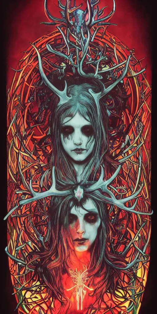 Prompt: intense glowing black metal pagan god with antlers and blood and intense glowing eyes with a bull skull in very dark forest by marco mazzoni and alphonse mucha, portrait, fantasy, clear, red and teal and yellow, light beams, lens flare, intense, uhd, amazing depth, cinematic lighting