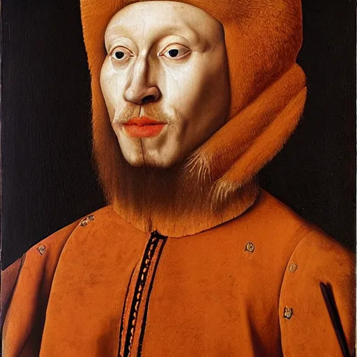 Image similar to portrait of a king with an orange cats head for a head, oil painting by jan van eyck, northern renaissance art, oil on canvas, wet - on - wet technique, realistic, expressive emotions, intricate textures, illusionistic detail