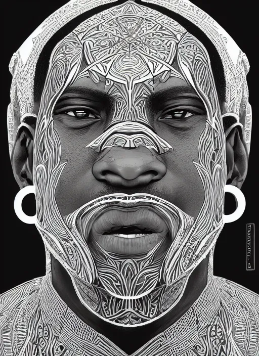 Image similar to closeup portrait of east african man, an ultrafine detailed illustration by james jean, intricate linework, bright colors, final fantasy, behance contest winner, vanitas, angular, altermodern, unreal engine 5 highly rendered, global illumination, radiant light, detailed and intricate environment