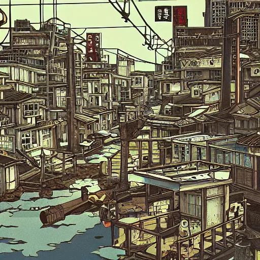 Prompt: japanese fishing town, japanese city, underground city, modern city, tokyo - esque town, 2 0 0 1 anime, cel - shading, compact buildings, sepia sunshine