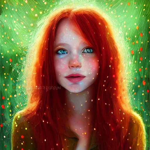 Image similar to portrait of a red haired girl softly smiling among fireflies, with long hair, green eyes, round face, hint of freckles, her head is tilted and she loves the wonderful lights colorful hyper realistic art