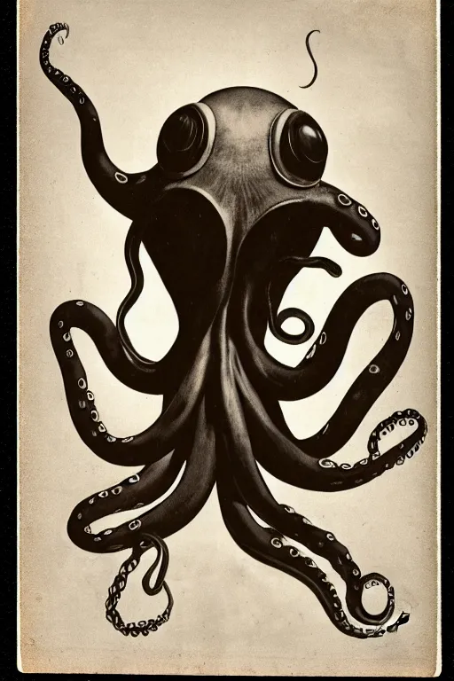 Image similar to anthropomorphic octopus , wearing a suit, tentacles spilling out of the collar, vintage photograph, sepia