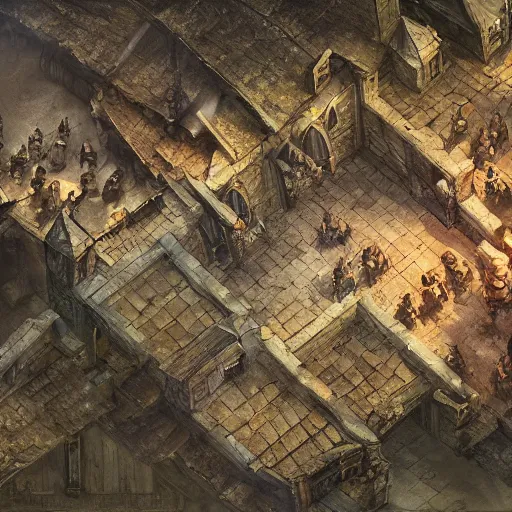 Prompt: top down battle map in a medieval town for tactical gaming, drawn by Ruan Jia, fantasy art, dramatic lighting, digital art,highly detailed