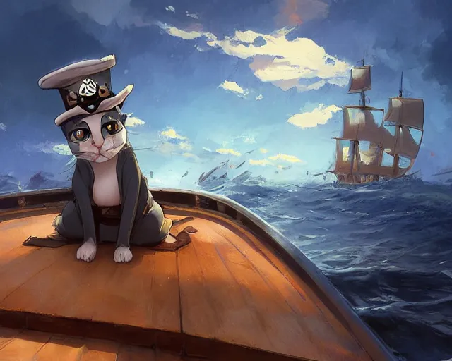 Image similar to a Russian Blue cat pirate on her boat, sitting down, captain hat, proud, cat pirate crew, ocean. By Makoto Shinkai, Stanley Artgerm Lau, WLOP, Rossdraws, James Jean, Andrei Riabovitchev, Marc Simonetti, krenz cushart, Sakimichan, trending on ArtStation, digital art.