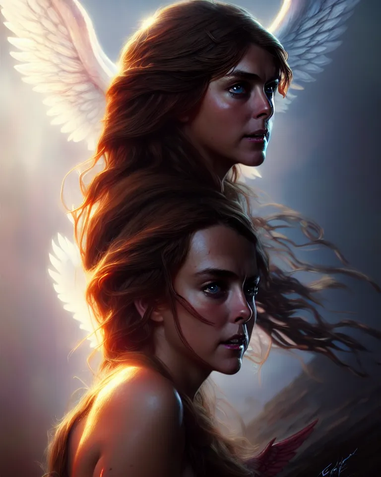 Prompt: young elizabeth hurley as an angel with wings, hyper realistic face, beautiful eyes, fantasy art, in the style of greg rutkowski, illustration, epic, fantasy, intricate, hyper detailed, artstation, concept art, smooth, sharp focus, vibrant