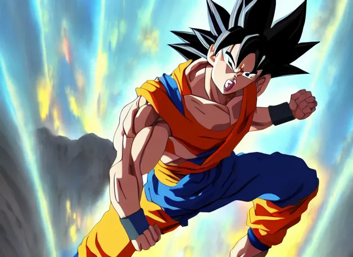 Prompt: a key shot of SUPER SAIYAN GOKU animation at mid-day, medium shot, waist up, studio Ghibli, Pixar and Disney animation, sharp, key art by Greg Rutkowski, dramatic lighting, flat texture, J.C. LEYENDECKER