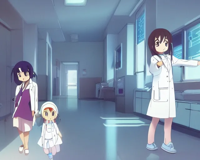 Prompt: a cute young female doctor wearing white coat with a little girl in a hospital, slice of life anime, lighting, anime scenery by Makoto shinkai