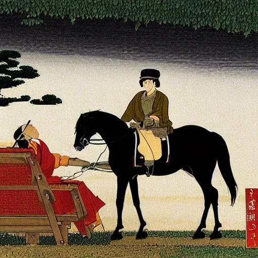 Prompt: an irishman drinking a black stout on a horse by kawase hasui