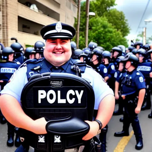 Prompt: chubby cop takes a smiling selfie in front of a riot, high detail, full focus, time magazine 2 0 2 2