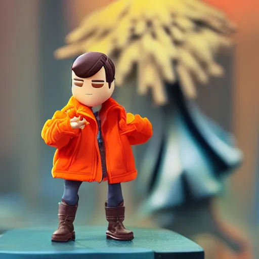 Prompt: magic mushroom, cary grant wearing orange puffy bomber jacket, nendroid, craig mullins style