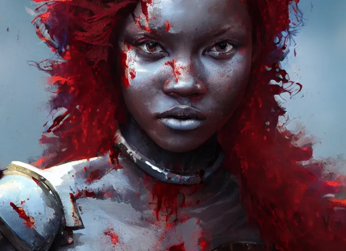 Image similar to landscape, portrait painting beautiful realism, an african girl red hair in wood armor who was sprawled out was about to rise, his face covered in blood. cinematic scene, good lighting, fine art, trending on artstation, smooth draw, sharp focus.