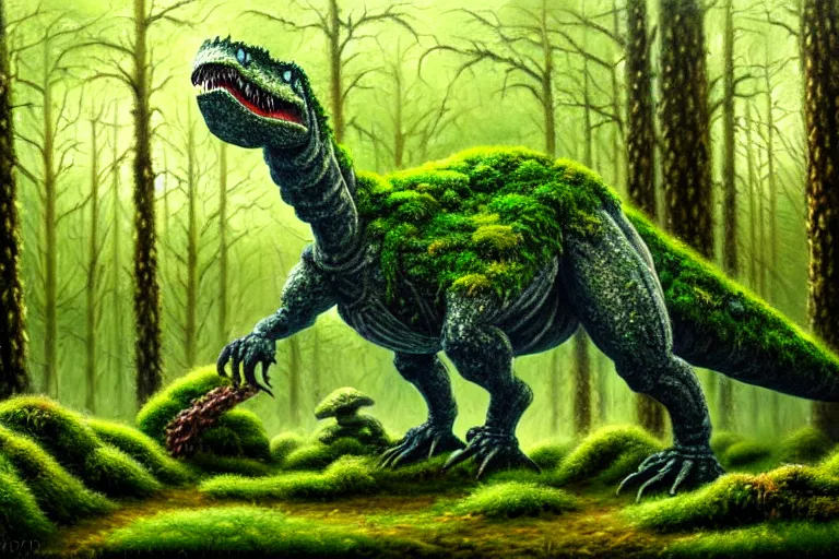 Image similar to highly detailed oil painting of a mossy tire sculpture of a tyrannosaurus in the forest, featured on pixiv