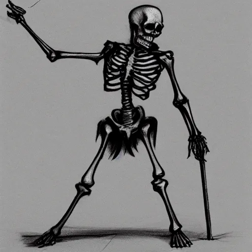 Prompt: pencil sketch of a skeleton with a cane sprinting, concept art