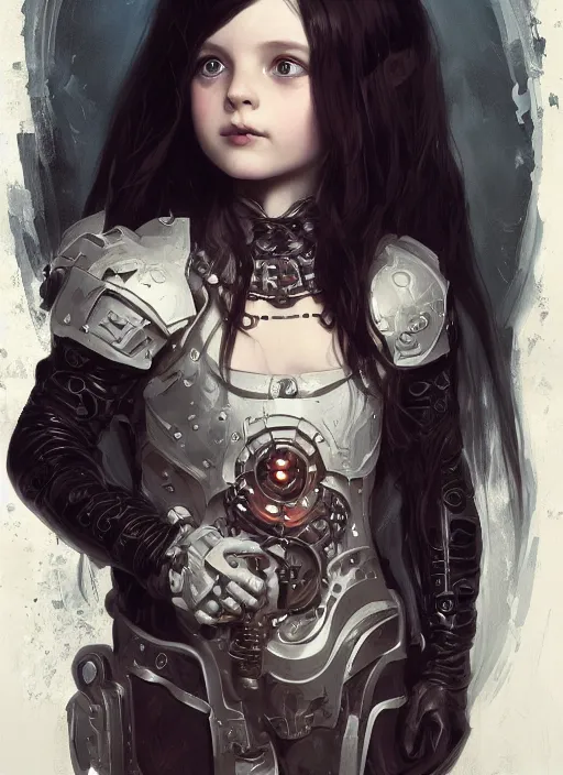 Image similar to portrait of cute little gothic girl child, warhammer 40000, cyberpunk, intricate, elegant, highly detailed, digital painting, artstation, concept art, smooth, sharp focus, illustration, art by artgerm and greg rutkowski and alphonse mucha and Gustav Klimt