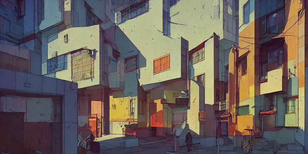 Image similar to neo brutralism, concrete housing, concept art, colorful, vivid colors, light, shadows, reflections, oilpainting, cinematic, 3D, in the style of Akihiko Yoshida and Edward Hopper