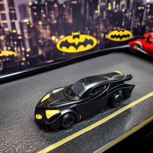 Prompt: 5 5 mm photo of metallic black batman car like hot wheels model with a batcave as background