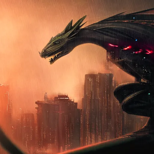 Prompt: blade runner style image of a baby cyberpunk dragon