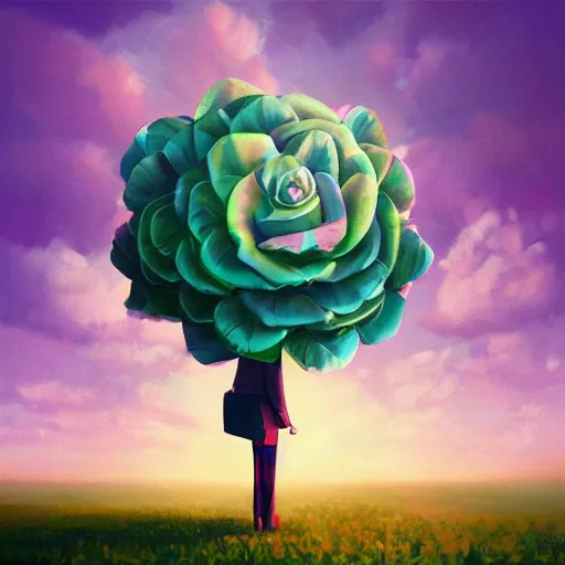 Image similar to portrait, giant rose flower head, girl in a suit, surreal photography, sunrise, blue sky, dramatic light, impressionist painting, digital painting, artstation, simon stalenhag