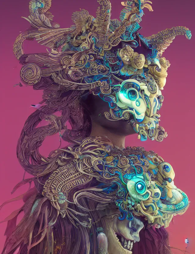 Image similar to 3 d goddess close - up profile solarpunk portrait ram skull. beautiful intricately detailed japanese crow kitsune mask and clasical japanese kimono. betta fish, jellyfish phoenix, bio luminescent, plasma, ice, water, wind, creature, artwork by tooth wu and wlop and beeple and greg rutkowski