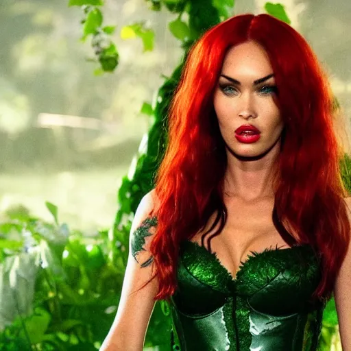 Image similar to stunning awe inspiring megan fox as poison ivy, movie still 8 k hdr atmospheric lighting