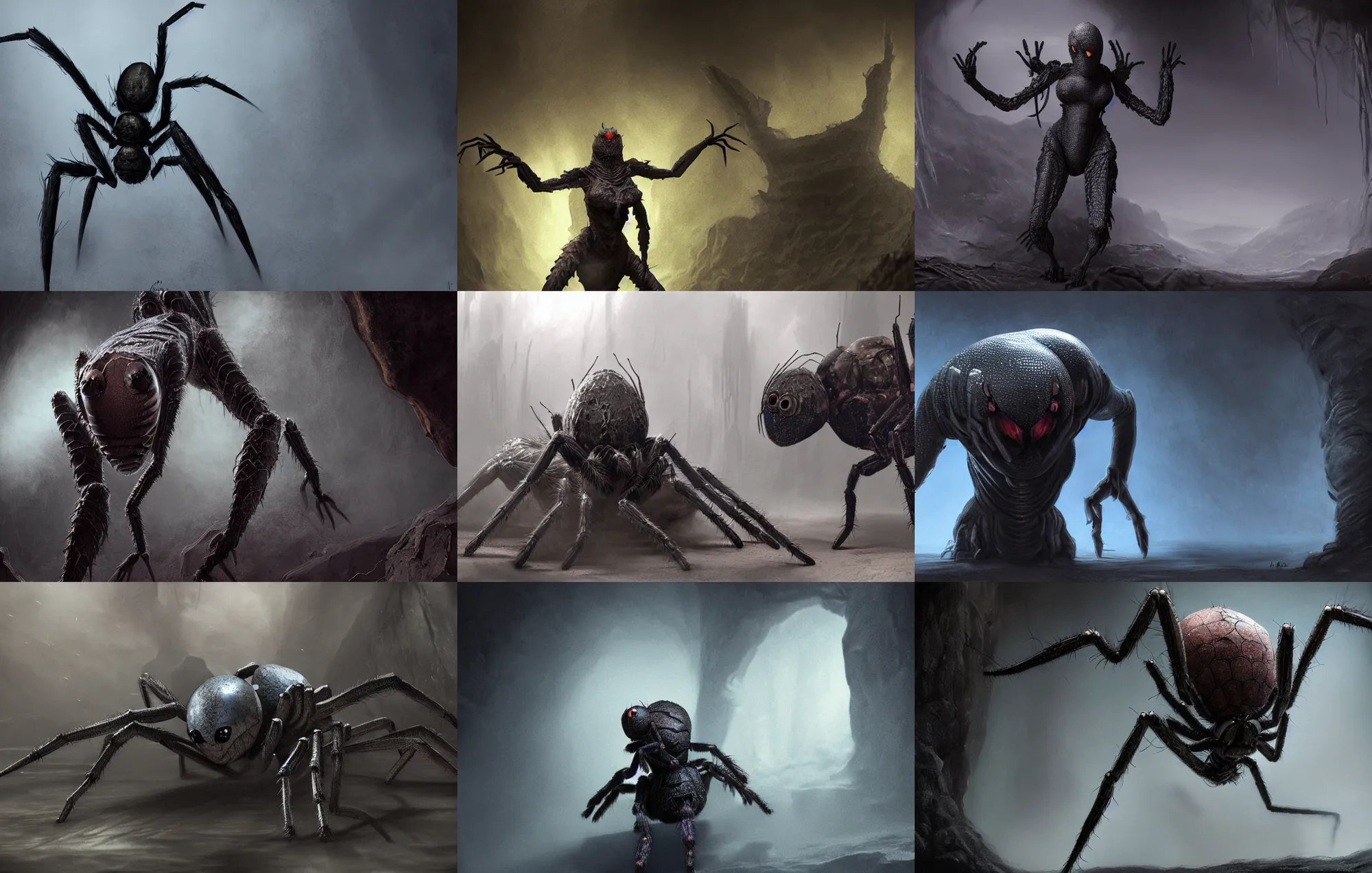 Prompt: creepy matte painting of an armored female spider monster with eight spider legs in a dark cave, ultra detailed, monster, half human half spider, human torso and head, human face, human arms, spider thorax, creature design, concept art, 8 k, moody lighting, muted colors, blue tone light, dramatic lighting, realistically proportioned face