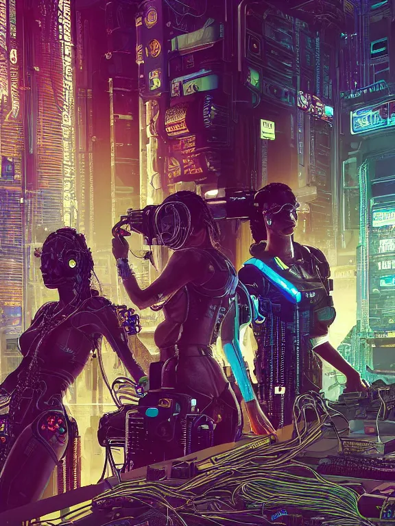 Image similar to a cyberpunk 2077 illustration half body portrait of two female android queen ,complex mess of cables and wires behind them connected to giant computer, film lighting, by laurie greasley,Lawrence Alma-Tadema,William Morris,Dan Mumford, trending on atrstation, full of color, mythological, high detailed,golden ratio,cinematic lighting