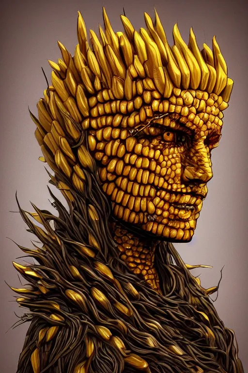Image similar to a humanoid figure made of corn, highly detailed, digital art, sharp focus, trending on art station, amber eyes, anime art style