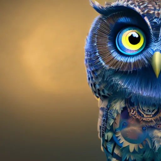 Image similar to cute owl, charactor, with big blue eyes, with a crown on his head, magical, warrior, portrait, hyper detailed, stylistic, symmetrical, 3 d render, photorealitic, 8 k, octane render