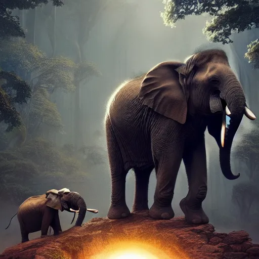 Image similar to world of elephants as the smartest creatures of the universe, galaxies, magical world, by greg rutkowski, sung choi, photo realistic, 8 k, cinematic lighting, hd, atmospheric, hyperdetailed, trending on artstation, devainart, digital painting, glow effect