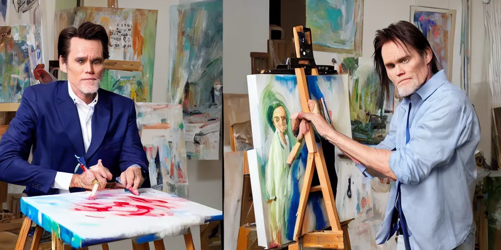 Prompt: actor jim carrey, stands at a his easel, painting donald trump, soft focus, long exposure