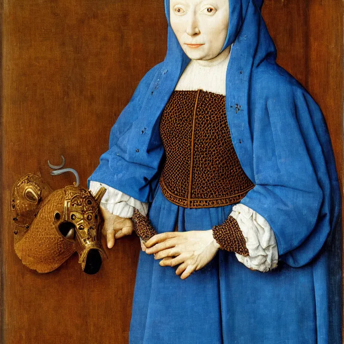 Image similar to woman in medieval armor with the pillow blue monster. jan van eyck
