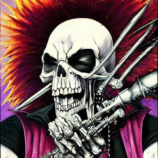 Image similar to a portrait of the grim reaper as a punk rocker playing an electric guitar, punk, skeleton face, mohawk, dark, fantasy, leather jackets, spiked collars, spiked wristbands, piercings, boots, electric guitars, motorcycles, ultrafine detailed painting by frank frazetta and vito acconci and michael whelan and takeshi obata, death note style, detailed painting