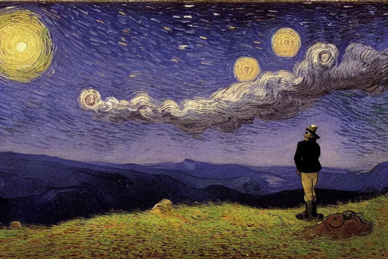 Image similar to a person looking at the night sky with clouds and stars, colorful, beautiful, national geographic, very detailed, astrophotography, cinematic lighting, oil painting, canvas, Theodor Kittelsen, Vincent van Gogh