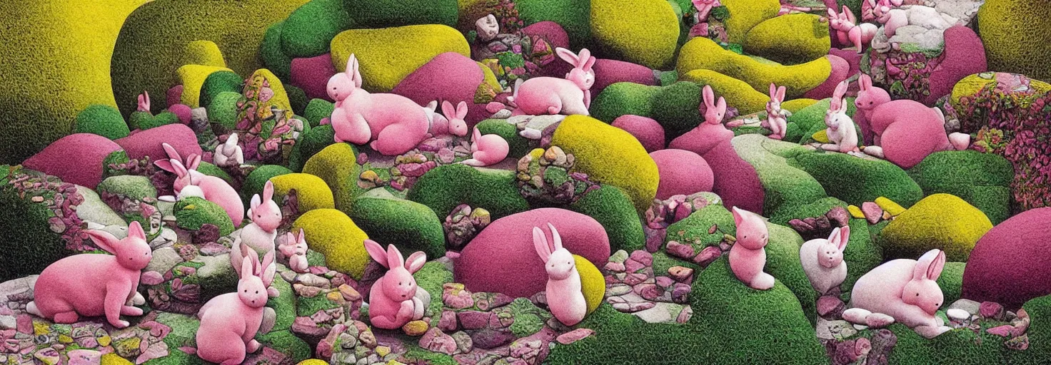 Image similar to a rock garden filled with pink rabbits, by m. c. escher, yellow, green, red, snowy, ultra sharp, ultra detailed, cyberpunk, happy, uplifting, colorized by salvador dali