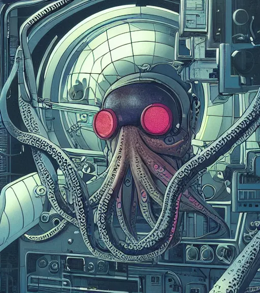 Image similar to a cybernetic realistic octopus in a space station, techwear, Industrial Scifi, detailed illustration, character portrait, by Martin Grip and Moebius