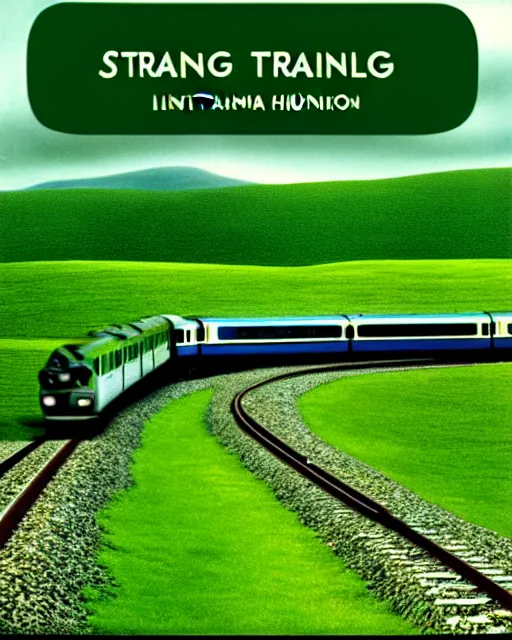 Prompt: strange. a train traveling through a lush green countryside, an album cover by ian hamilton finlay, tumblr, expressionism, windows xp, strange, ue 5