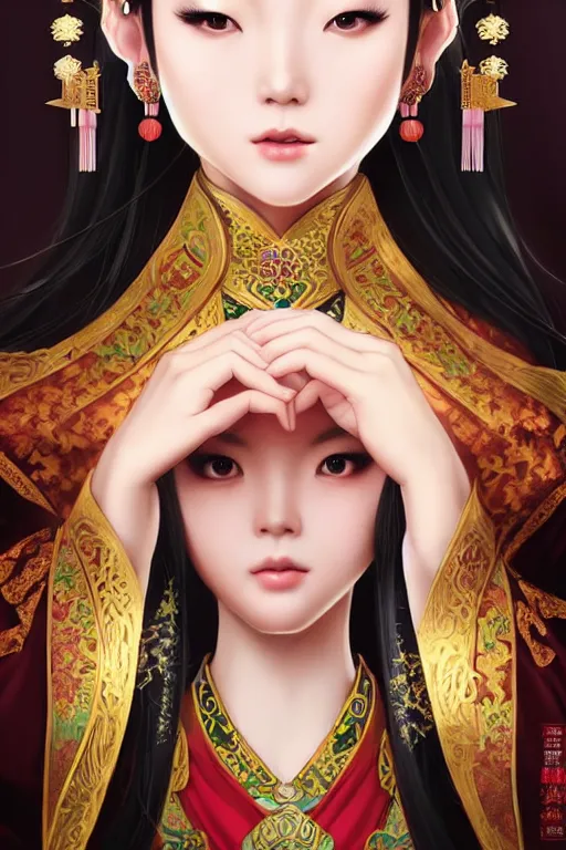 Image similar to a lovely and shiny young empress of qing dynasty, face by artgerm, ross tran, fuji choko, loish, 8 k resolution, attractive, symmetrical portrait, beautifully detailed landscape of ruin, trending on pixiv and pinterest, charming black eyes, luxury, perfect face, smooth, dreamlike