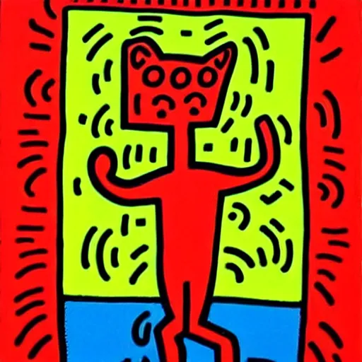 Prompt: happy cat with ball, keith haring,