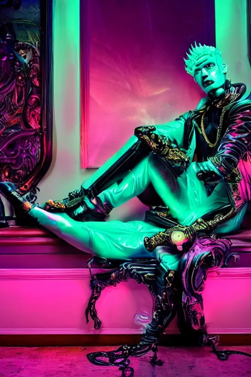 Image similar to full-body rococo and cyberpunk style neon statue of a young attractive Zayn Malik macho dotado e rico android sim roupa reclining con las piernas abertas e la piroca dura, glowing mint laser eyes, golden prince crown, black steampunk gears, pink diamonds, swirling mint-colored silk fabric. futuristic elements. black dripping tar. full-length view. space robots. human skulls. intricate artwork by caravaggio. Trending on artstation, octane render, cinematic lighting from the right, hyper realism, octane render, 8k, depth of field, 3D