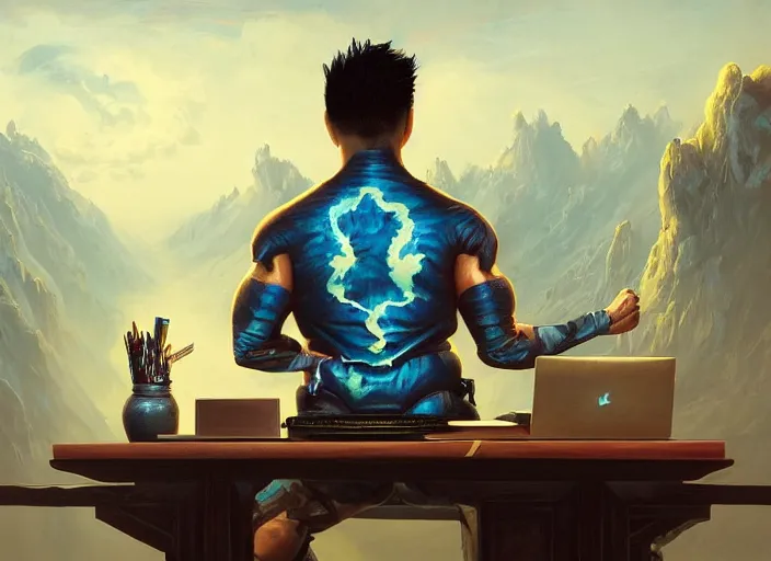 Image similar to an insanely detailed painting of an asian man wearing a homemade superhero costume, sitting at a desk, staring seriously at the computer and typing, in the style of peter mohrbacher, james jean, artgerm, dramatic lighting and composition, surreal background, octane render, pixar, trending on artstation, concept art, comic book, view from behind, 8 k