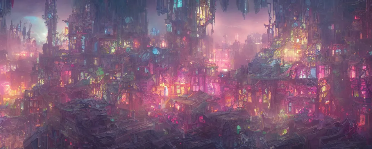 Image similar to detailed concept art illustration colorful pastel painting of a magical fantasy city in full intricate detail, ultra detailed, digital art, octane render, 4K, dystopian, micro details