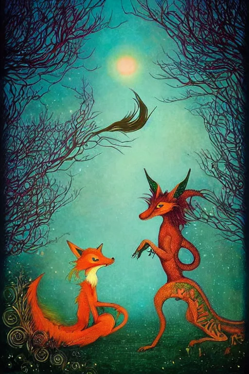 Prompt: surreal hybrid dragons and foxes, nostalgia for a fairytale, magic realism, flowerpunk, mysterious, vivid colors, by andy kehoe, amanda clarke