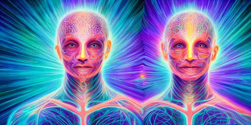 Image similar to trasnformation into transcendence into collaborative intelligence, endless collaboration with ai, connectedness, body, by alex grey, album cover, award winning, beautiful, colorful, volumetric lighting, trending on artstation, cinematic