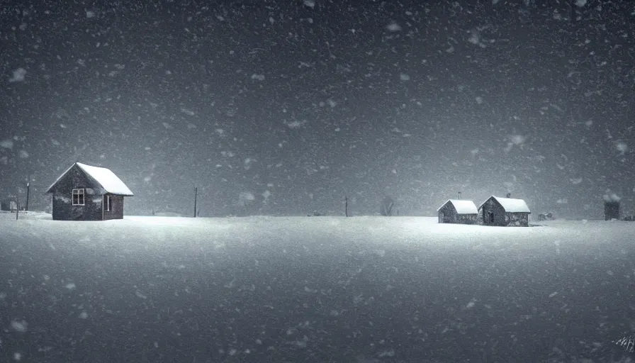 Prompt: Dark, Snowy Landscape with Blizzard! in a snowstorm!, a lonely, small shack in the distance with dim orange lights in the windows, snowstorm, digital art, highly detailed, blizzard, 4k